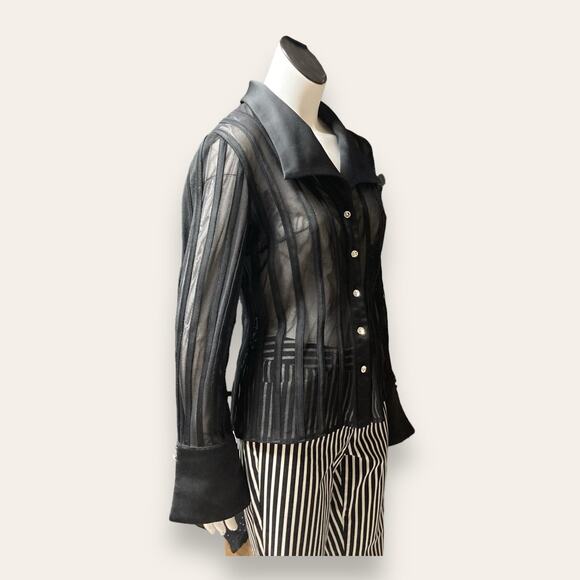 JS collections black mesh structured gemstone long sleeve button up sz8 - Picture 3 of 7